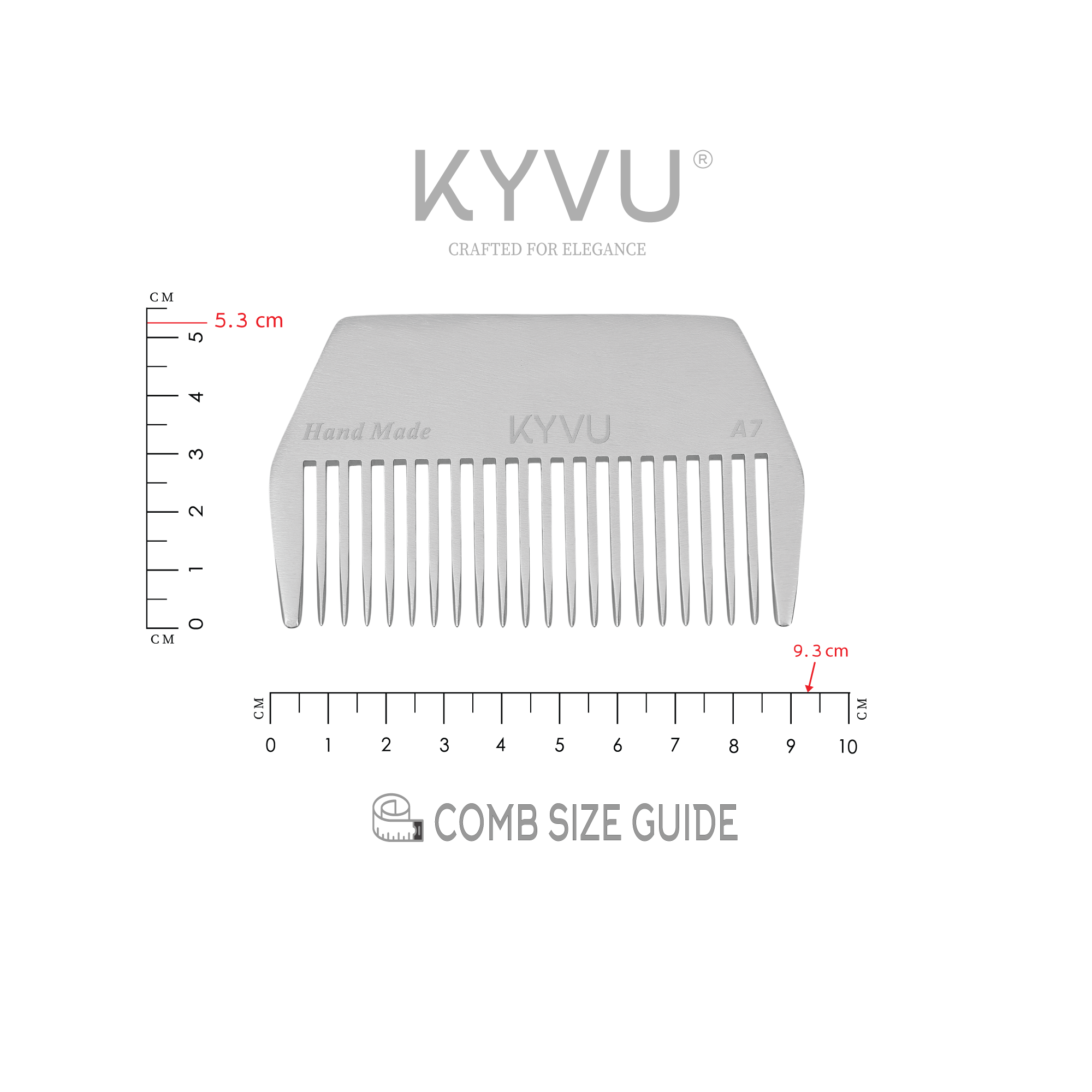KYVU A7 metal afro comb size guide — 9.3 cm length, 5.3 cm width, 0.3 cm thickness