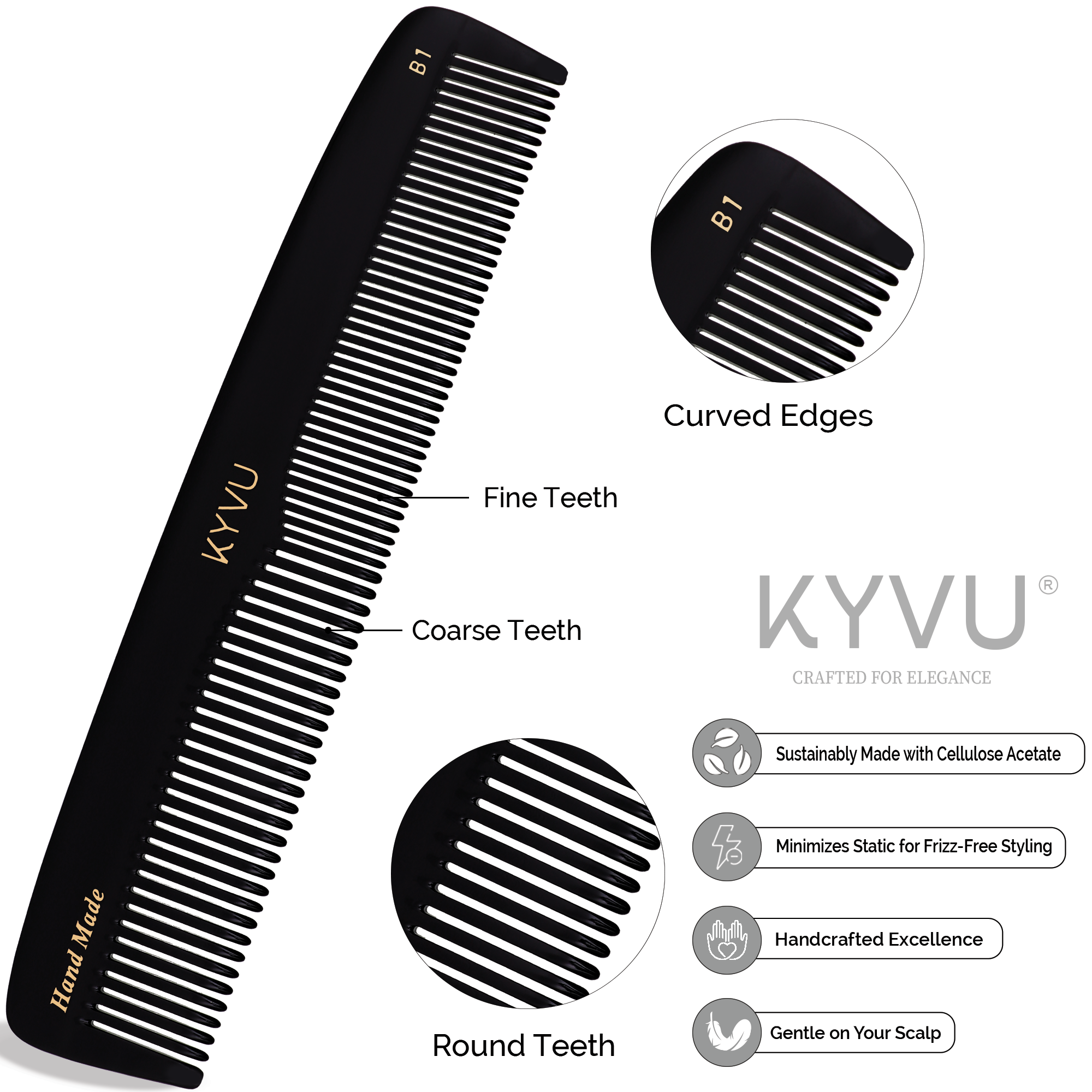 B1 black acetate comb showing fine teeth on one side and coarse teeth on the other, with rounded tips