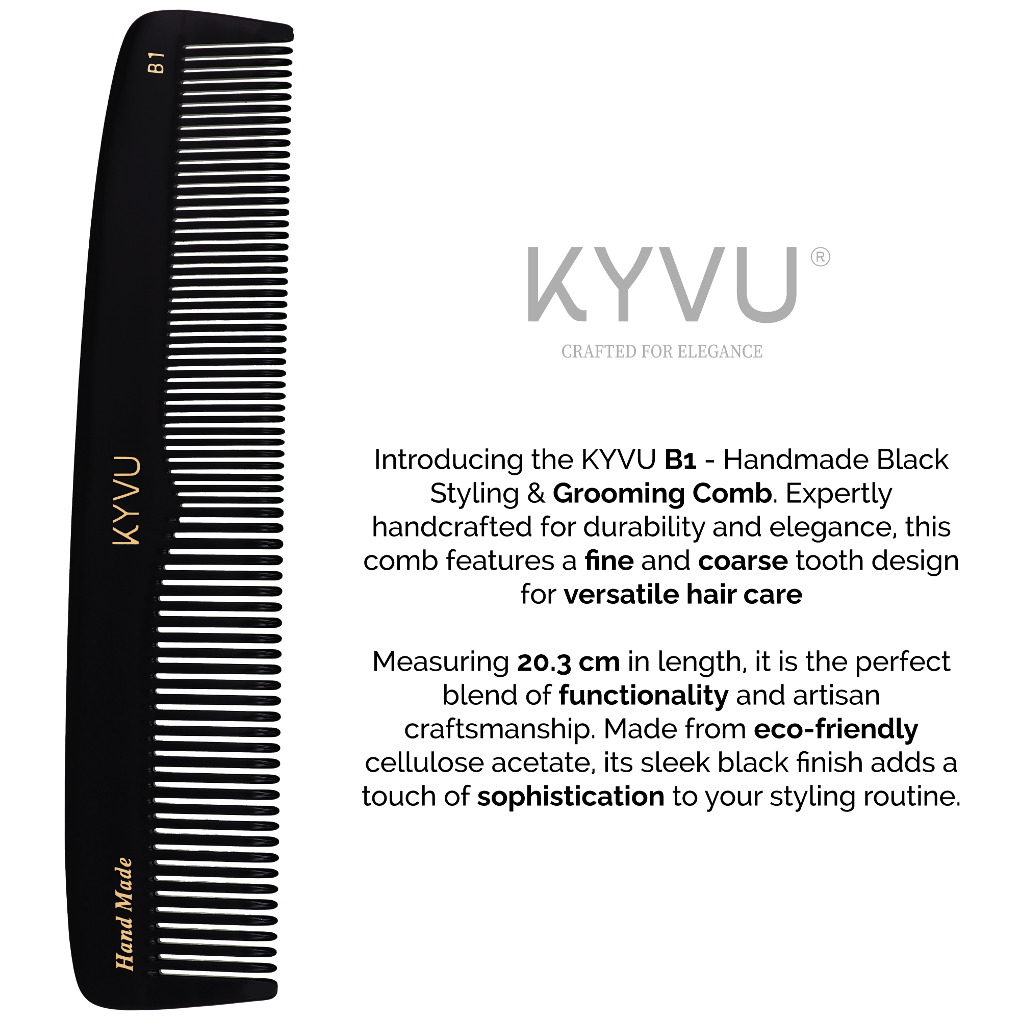 KYVU B1 dual-tooth comb size guide — 20.3 cm length, 4 cm width, 0.375 cm thickness