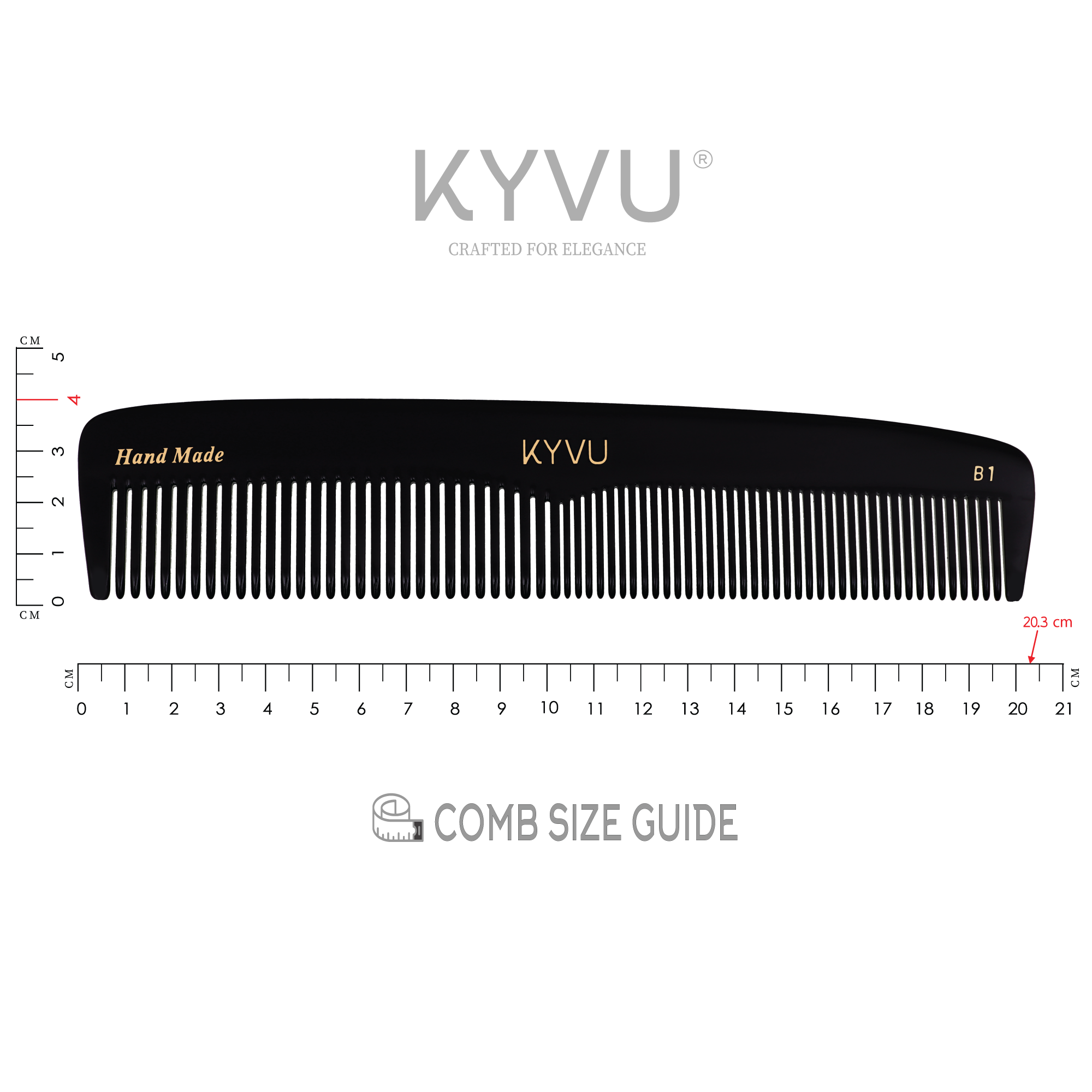 KYVU B1 black dual-tooth comb specifications — 20.3 cm, 26 g, cellulose acetate, fine and coarse teeth