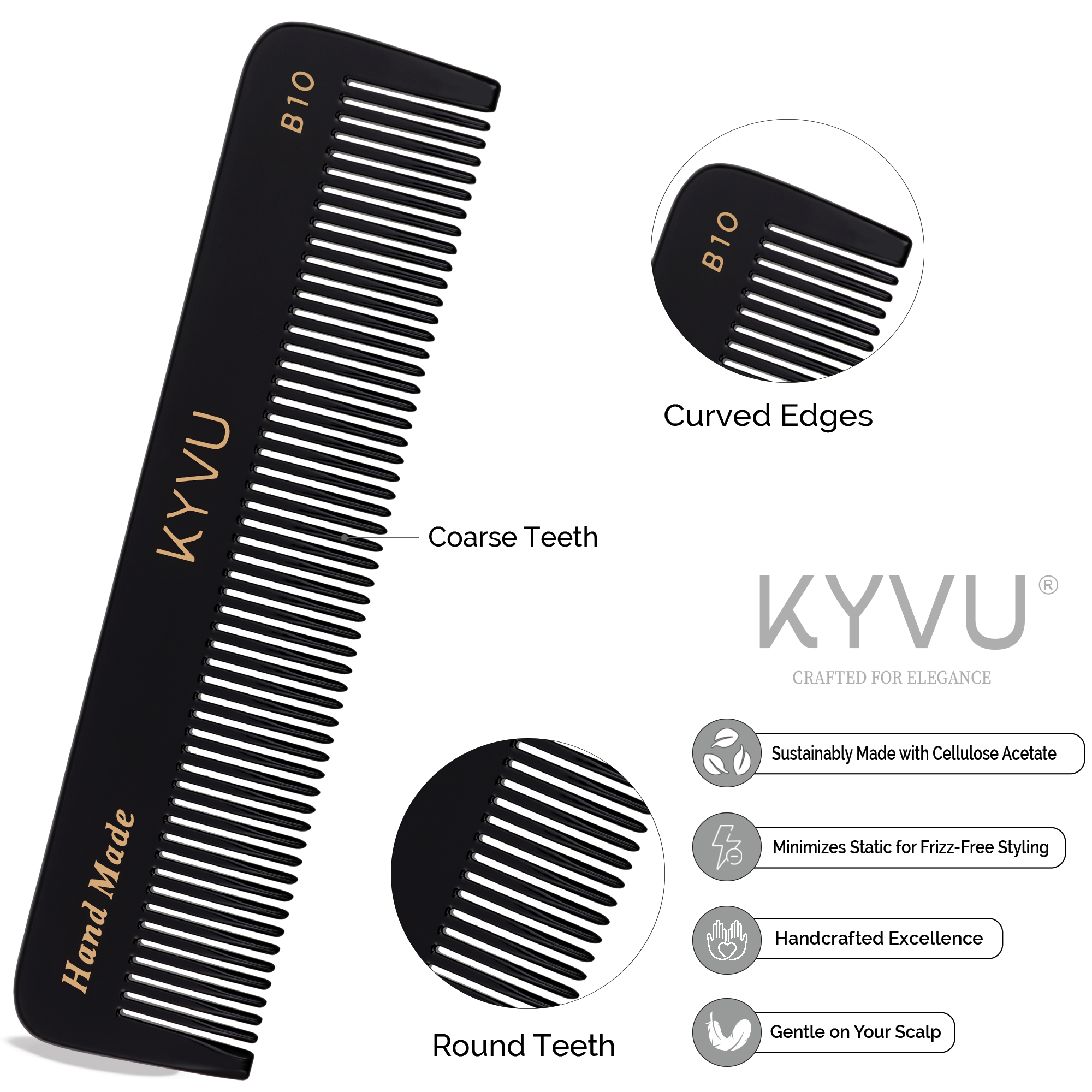 B10 black acetate comb showing coarse wide-spaced teeth with hand-rounded tips