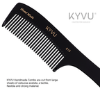 Close-up of KYVU B15 wide tooth cellulose acetate comb showing hand-polished coarse teeth and black finish