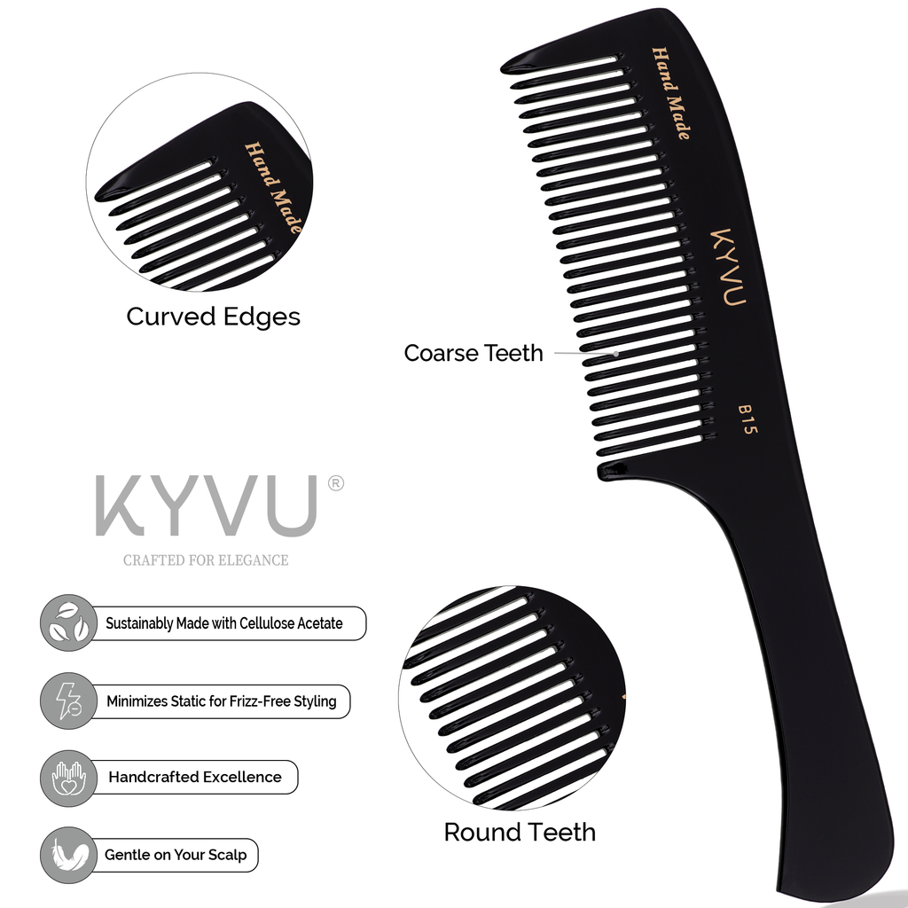 KYVU B15 handmade cellulose acetate handled comb showing curved edges, coarse teeth and round teeth detail