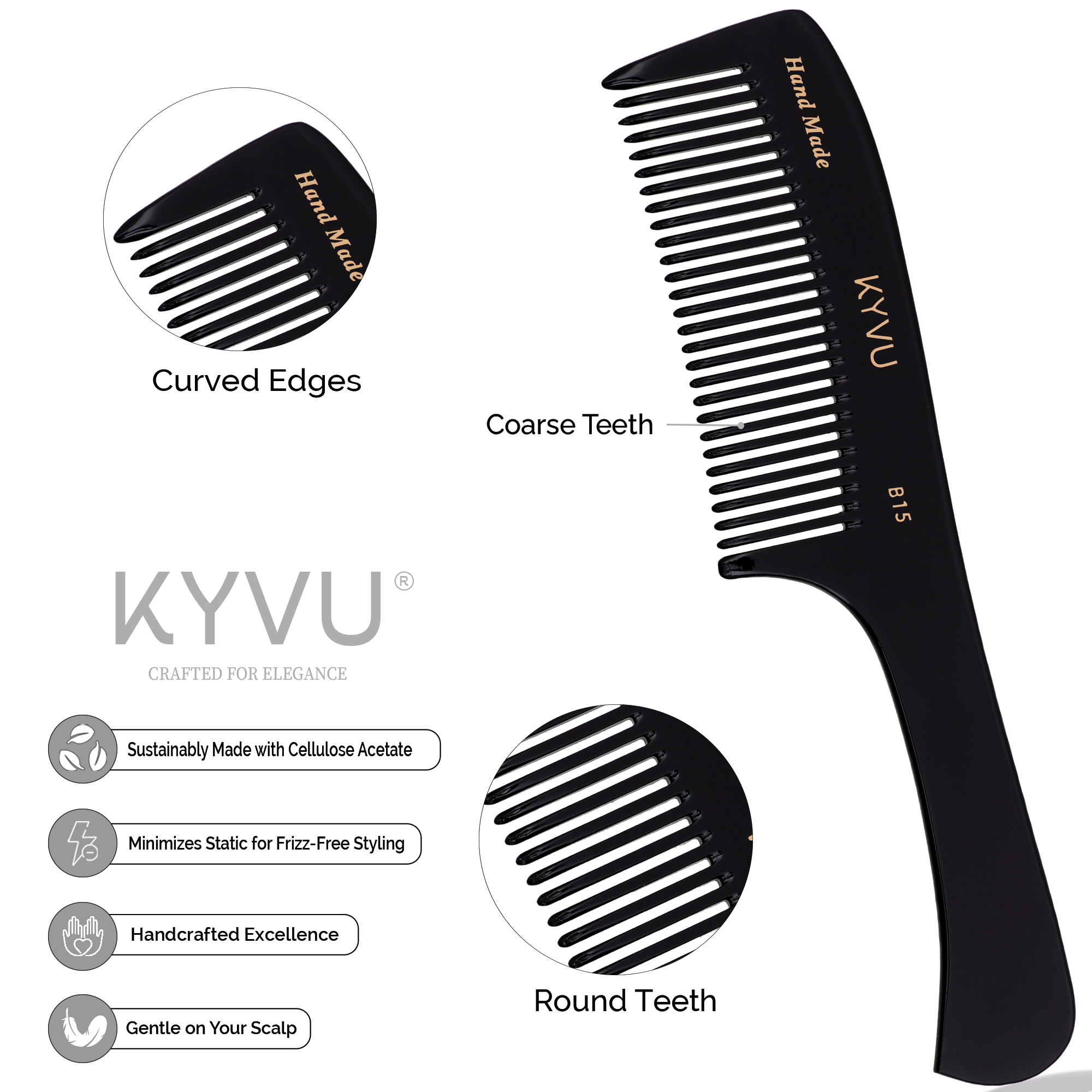 KYVU B15 handmade cellulose acetate handled comb showing curved edges, coarse teeth and round teeth detail
