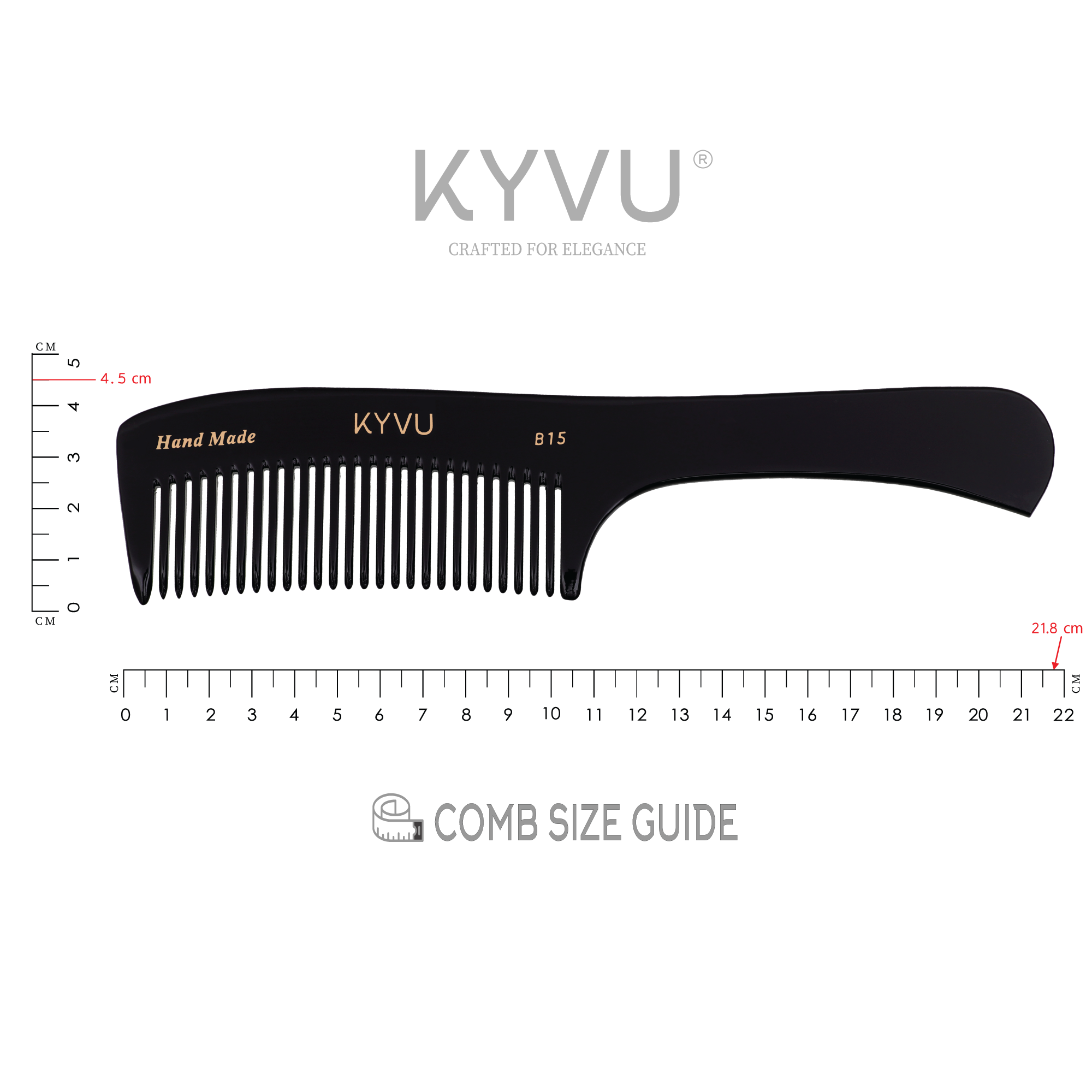 KYVU B15 handled detangling comb size guide showing 21.8 cm length and 4.5 cm width measurements