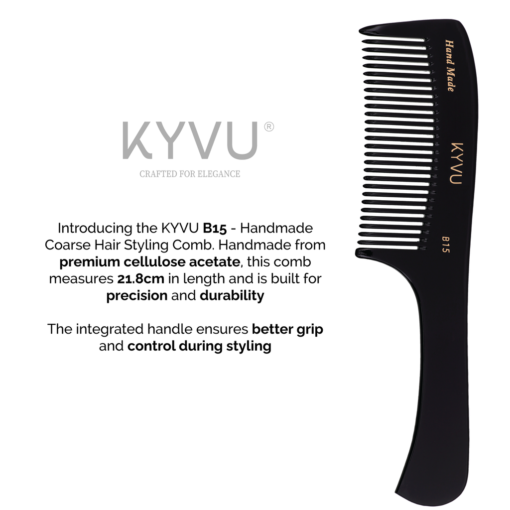 KYVU B15 handmade cellulose acetate comb with ergonomic handle showing 21.8 cm full size styling comb for thick curly hair