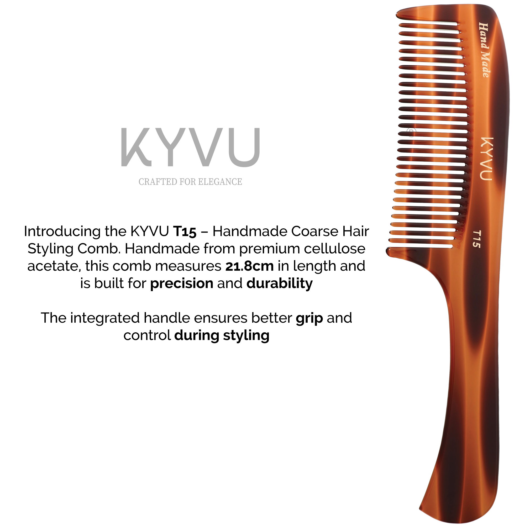 KYVU T15 handmade cellulose acetate comb with ergonomic handle showing 21.8 cm full size styling comb for thick curly hair