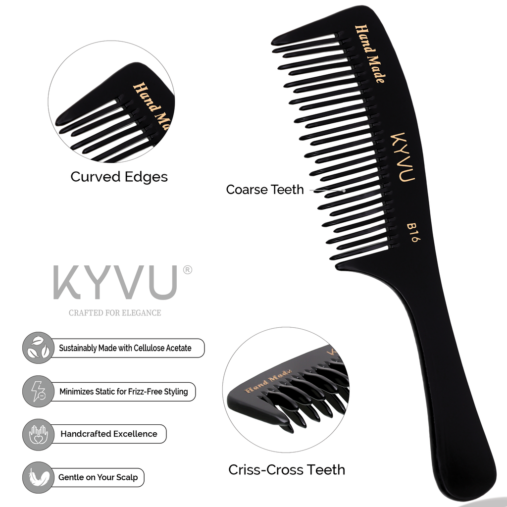 KYVU B16 detangling comb features — alternating criss-cross teeth detail, cellulose acetate material, handmade finish, ergonomic handle with closeup of tooth pattern and comb construction