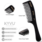 KYVU B16 detangling comb features — alternating criss-cross teeth detail, cellulose acetate material, handmade finish, ergonomic handle with closeup of tooth pattern and comb construction