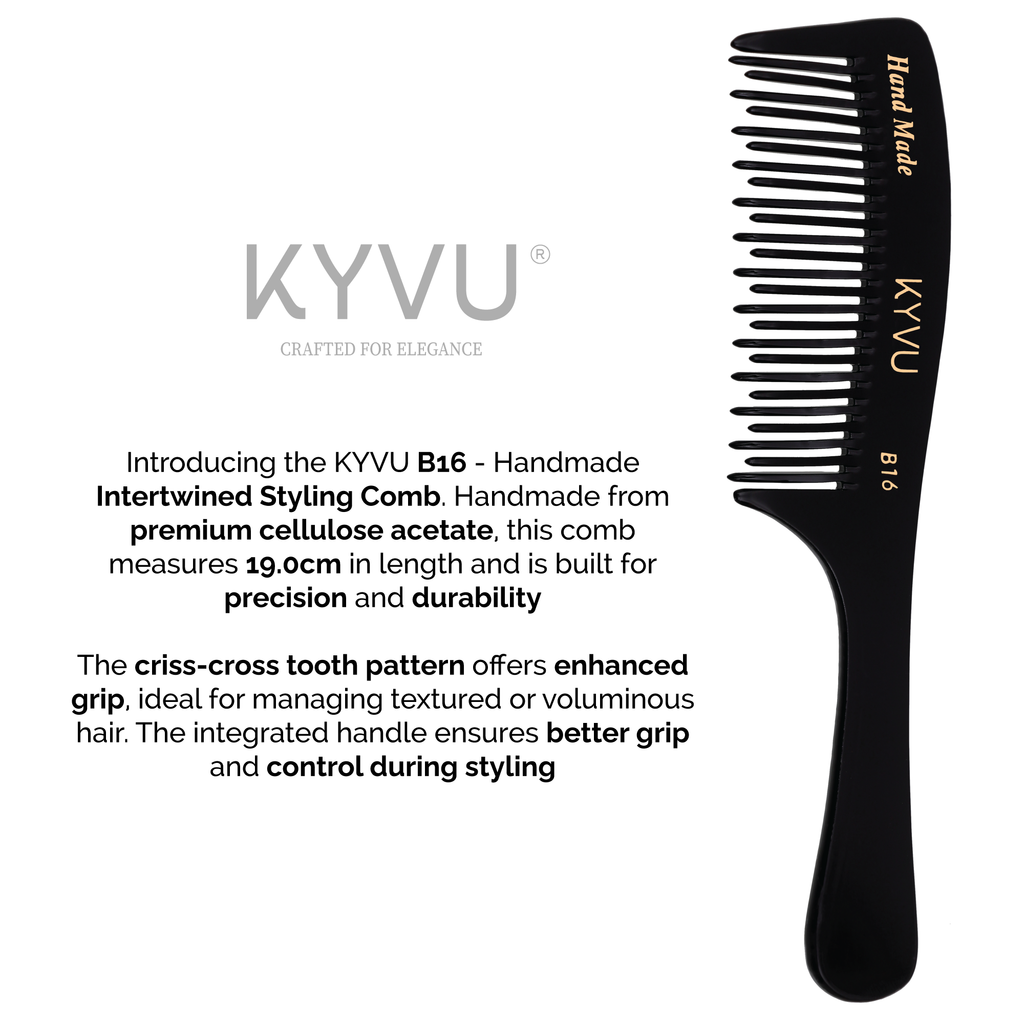 KYVU B16 alternating criss-cross teeth closeup — each tooth angled in opposite direction for gradual gentle detangling without pulling or breakage