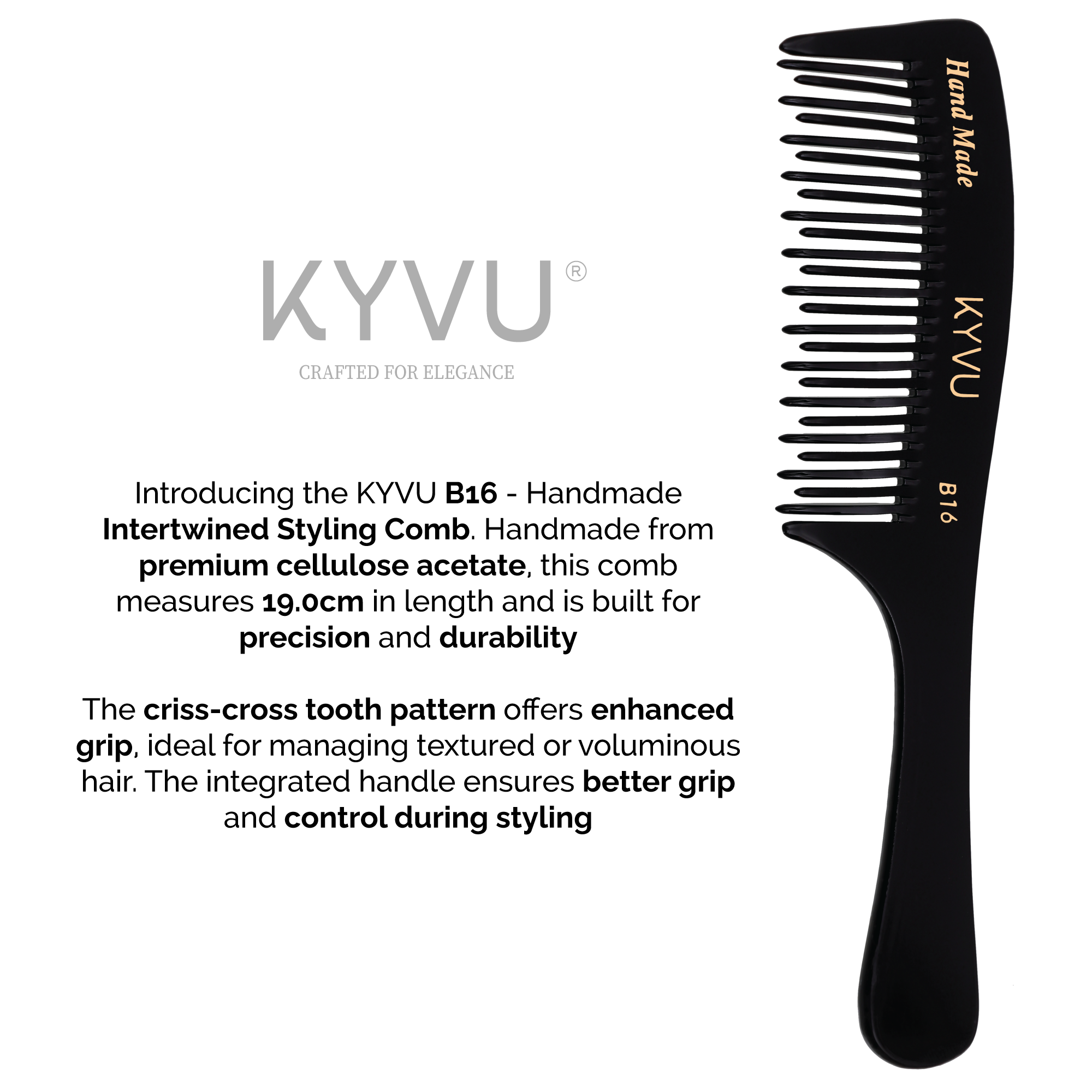 KYVU B16 alternating criss-cross teeth closeup — each tooth angled in opposite direction for gradual gentle detangling without pulling or breakage