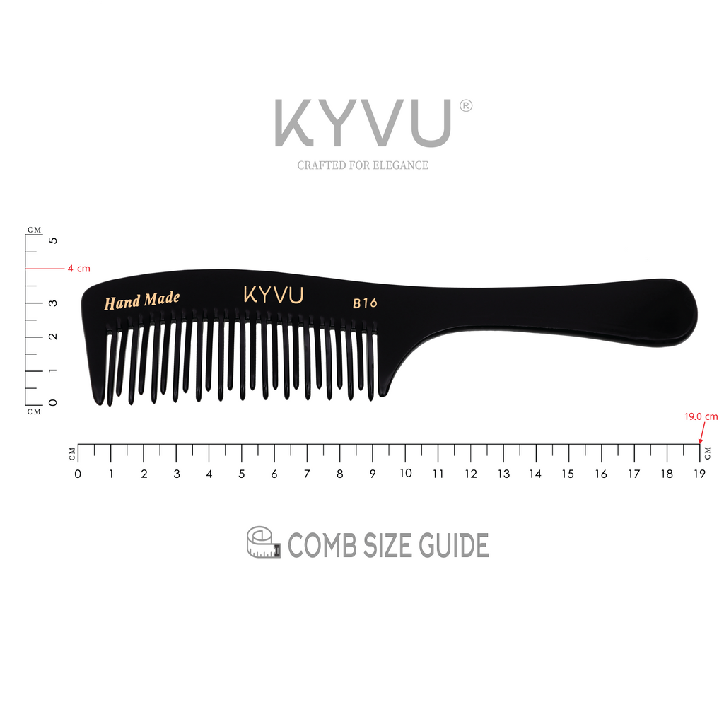 KYVU B16 detangling comb with handle size guide — 19cm length ergonomic handle design for thick curly textured hair