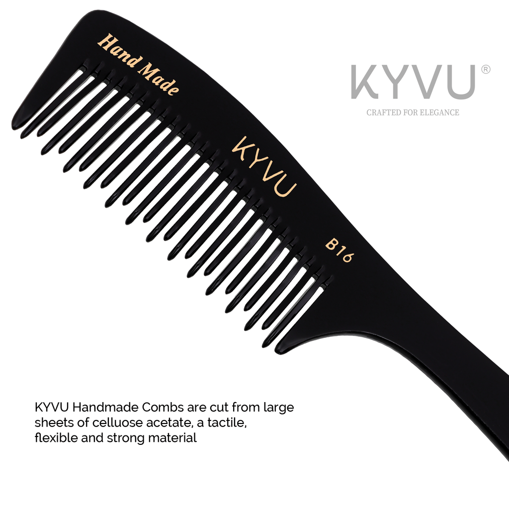 KYVU B16 comb specifications — 19cm length, 4cm width, 0.37cm thickness, 19g weight, cellulose acetate black finish