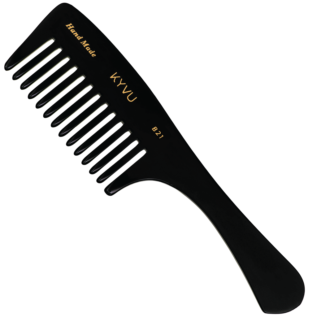 KYVU B21 handmade black rake comb with handle in cellulose acetate, full-bodied deep head, for thick and curly hair