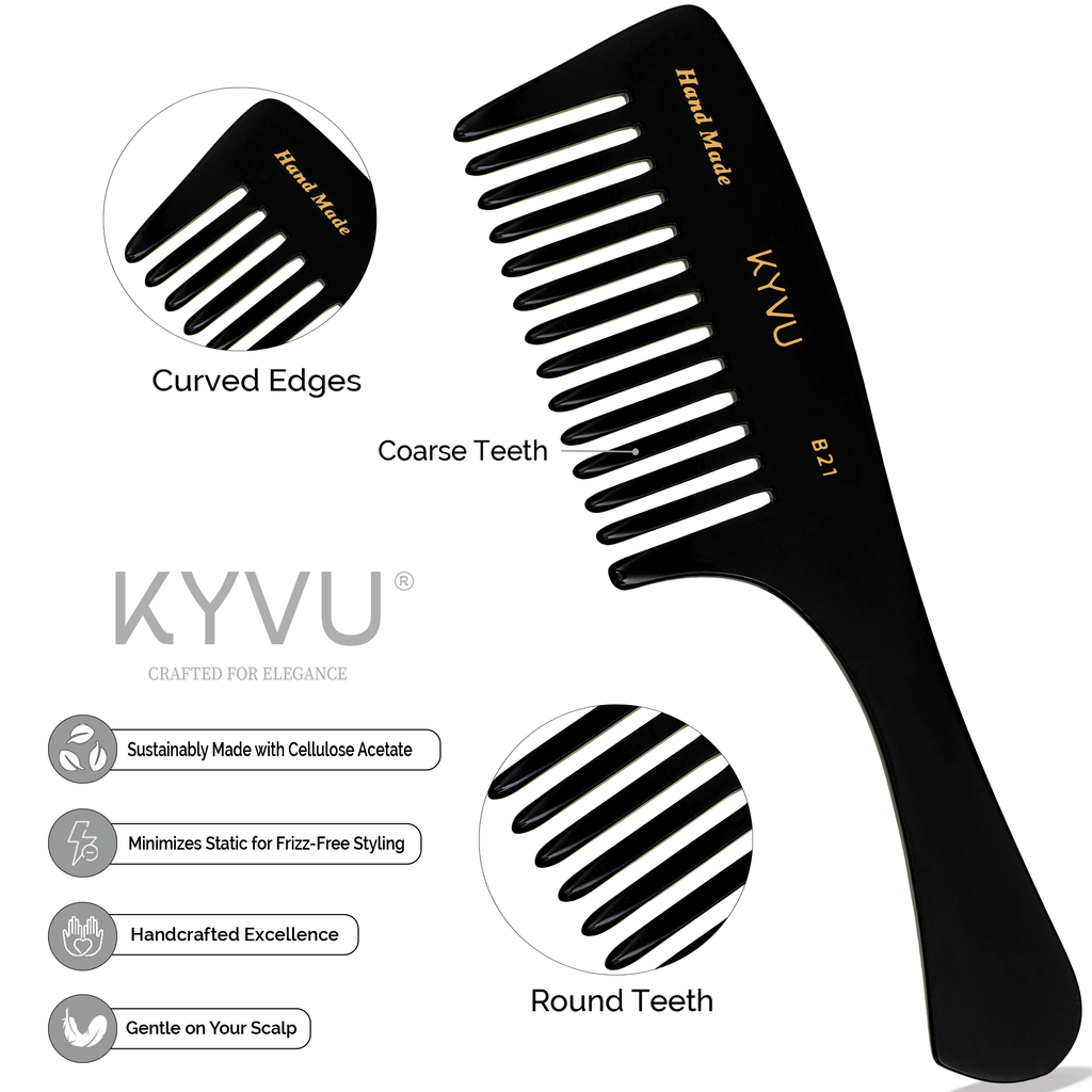B21 black acetate rake comb showing 12 tall, wide-spaced coarse teeth with hand-rounded tips