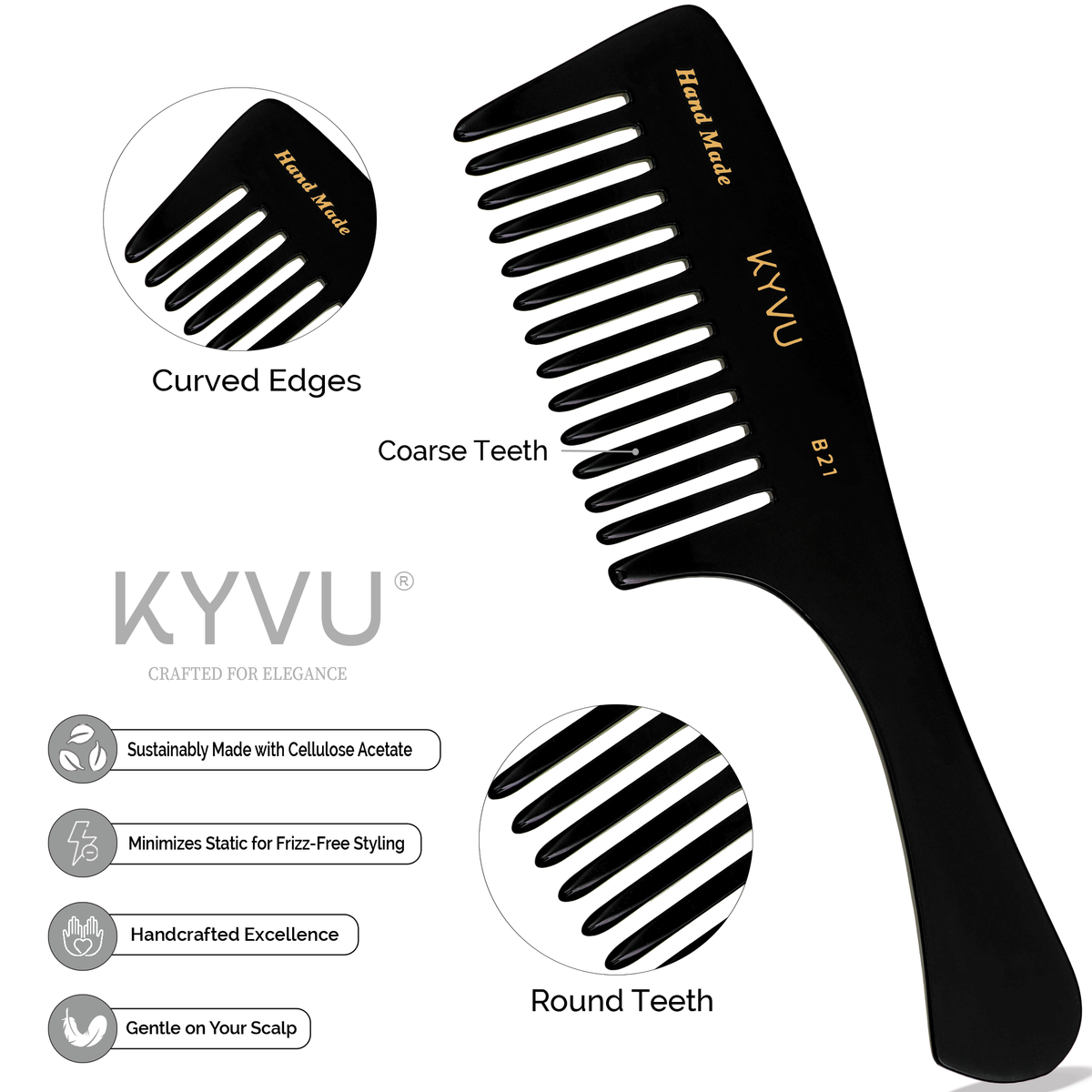 B21 black acetate rake comb showing 12 tall, wide-spaced coarse teeth with hand-rounded tips