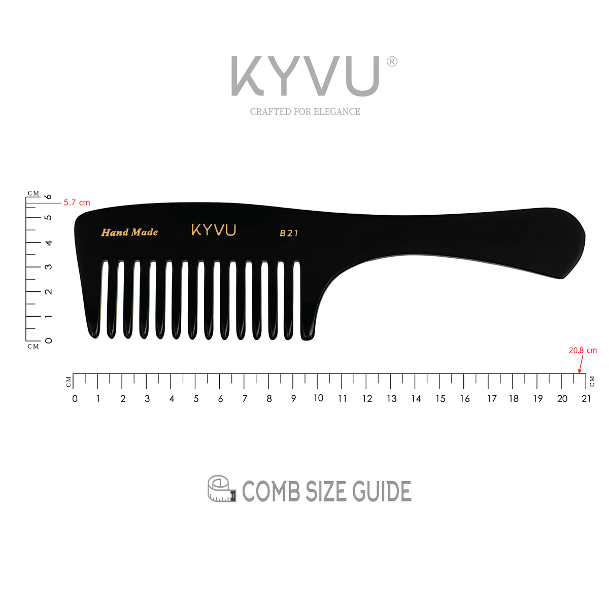KYVU B21 rake comb size guide — 20.8 cm length, 5.7 cm head depth, 0.375 cm thickness