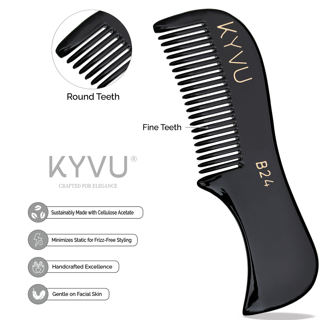 B24 black acetate beard comb showing closely-spaced fine teeth with hand-rounded tips
