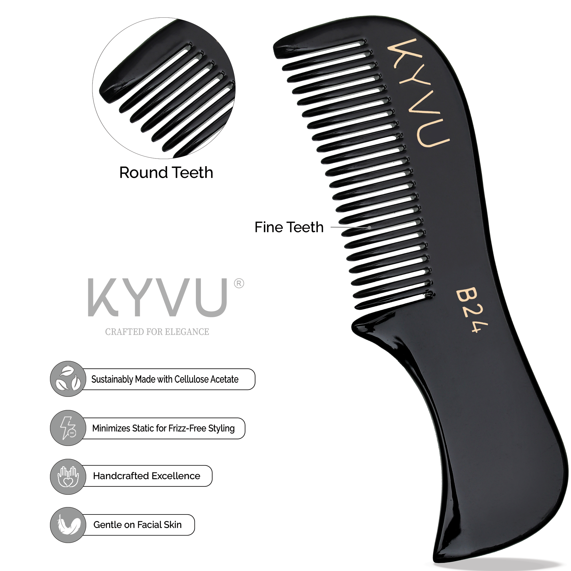 B24 black acetate beard comb showing closely-spaced fine teeth with hand-rounded tips