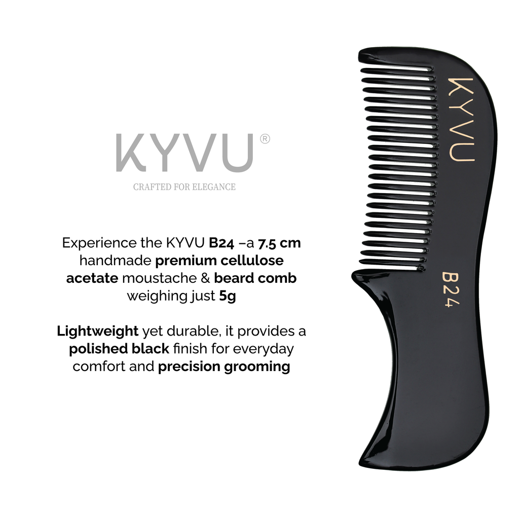KYVU B24 black beard comb size guide — 7.5 cm length, 2.3 cm width, 0.325 cm thickness