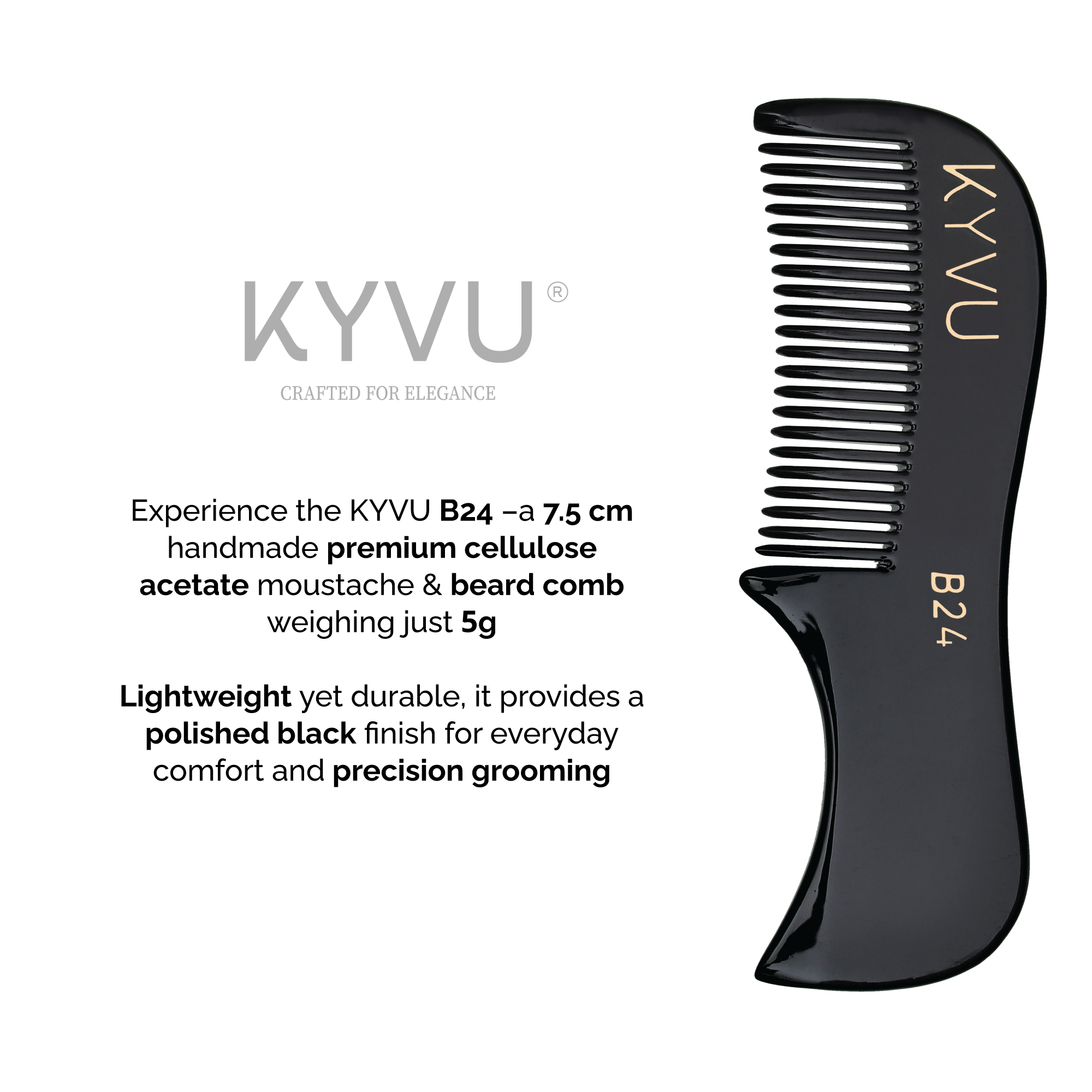 KYVU B24 black beard comb size guide — 7.5 cm length, 2.3 cm width, 0.325 cm thickness
