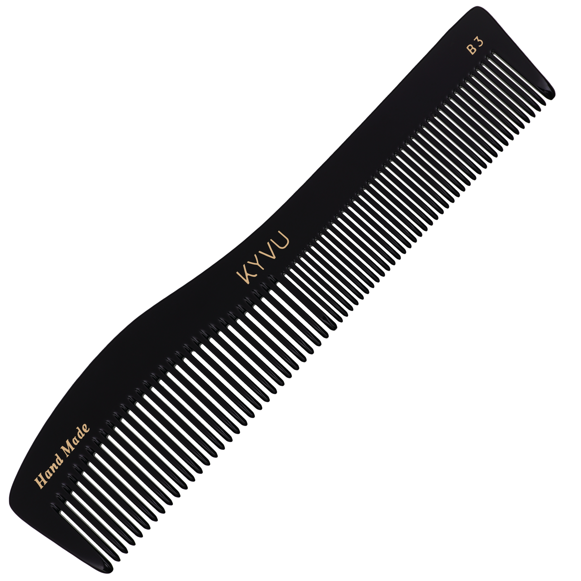 KYVU B3 handmade black dual-tooth detangling comb in cellulose acetate, fine and coarse, for thick and textured hair