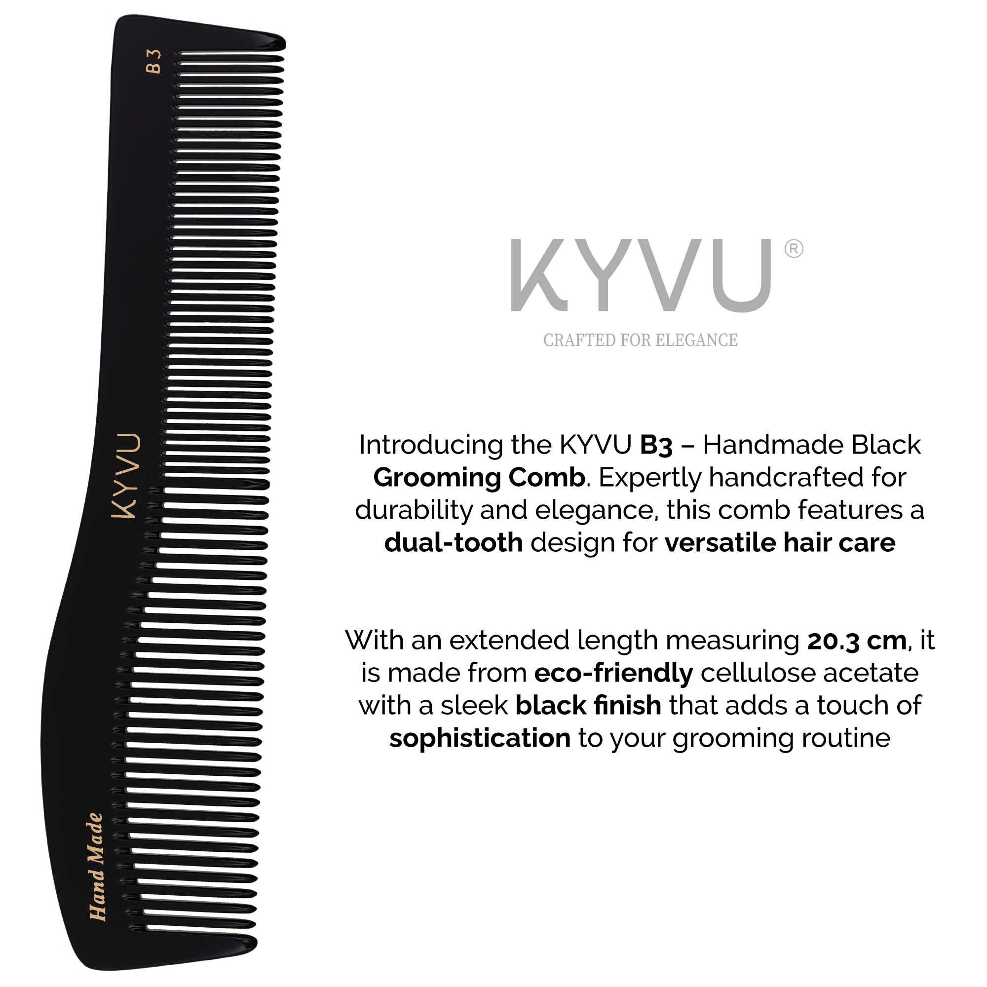  KYVU B3 dual-tooth comb size guide — 20.3 cm length, 4.4 cm width, 0.375 cm thickness