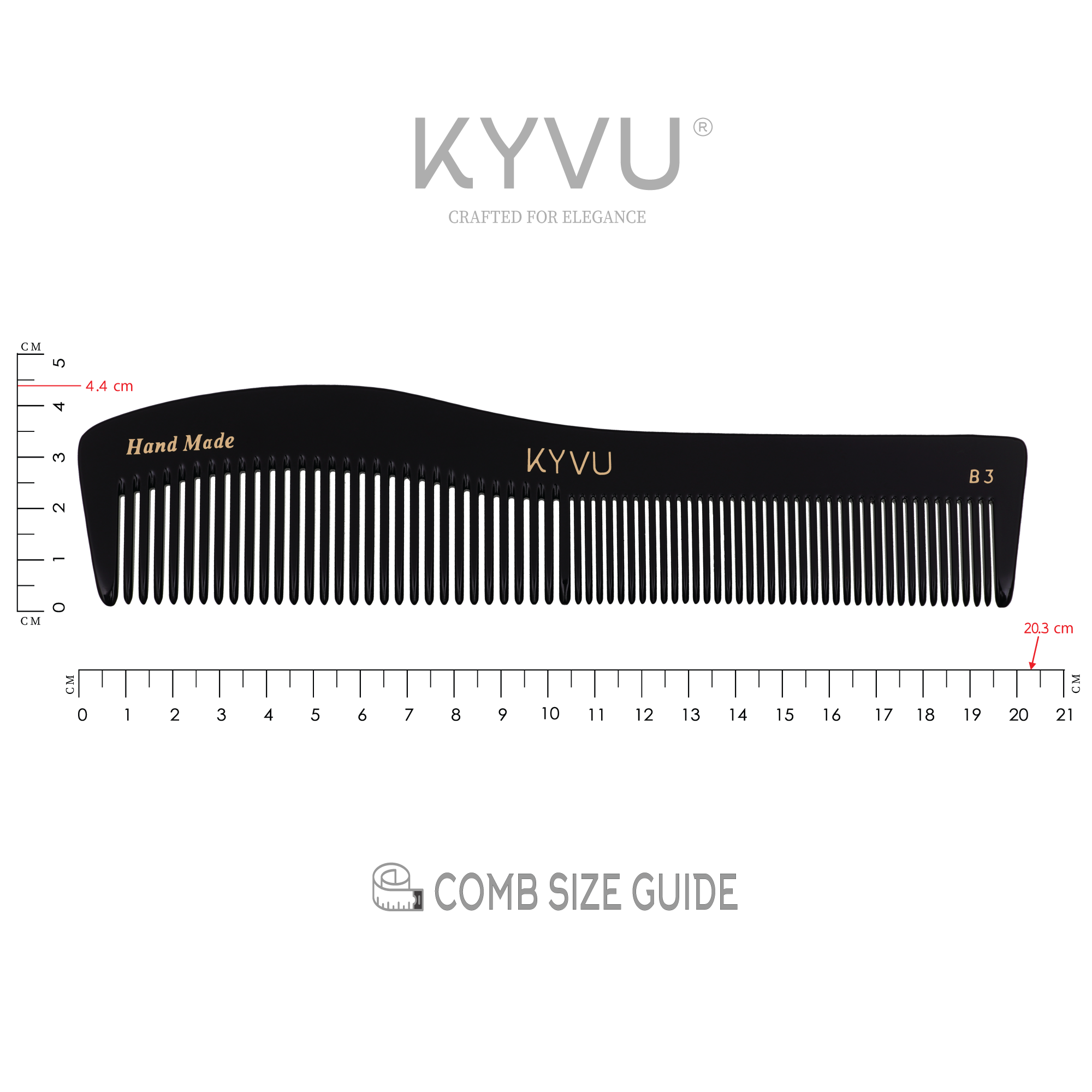 KYVU B3 black dual-tooth detangling comb specifications — 20.3 cm, 26 g, cellulose acetate, fine and coarse teeth