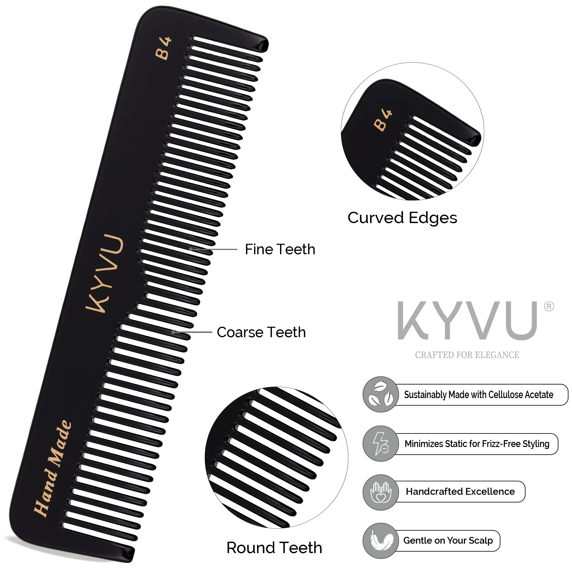 B4 black acetate comb teeth detail — coarse wider-spaced teeth on one half, fine closely-spaced teeth on the other