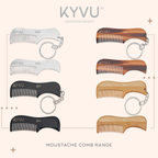 KYVU handmade beard and moustache combs — beechwood, aluminium, tortoiseshell and black acetate, with and without keyring