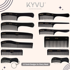 KYVU full range of black cellulose acetate combs showing all 12 designs with sizes from 7.5 cm to 22.8 cm