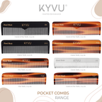 KYVU handmade pocket comb collection — cellulose acetate tortoiseshell, cellulose acetate black, and aluminium pocket combs, 8 styles from 10.9cm to 12.9cm