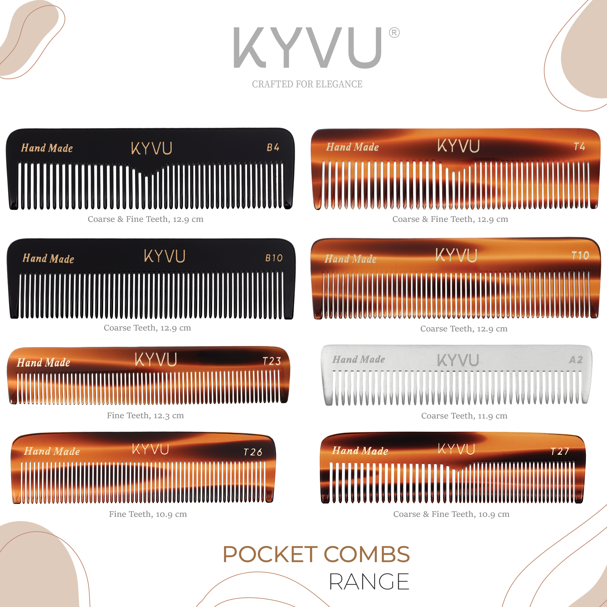 KYVU handmade pocket comb collection — cellulose acetate tortoiseshell, cellulose acetate black, and aluminium pocket combs, 8 styles from 10.9cm to 12.9cm