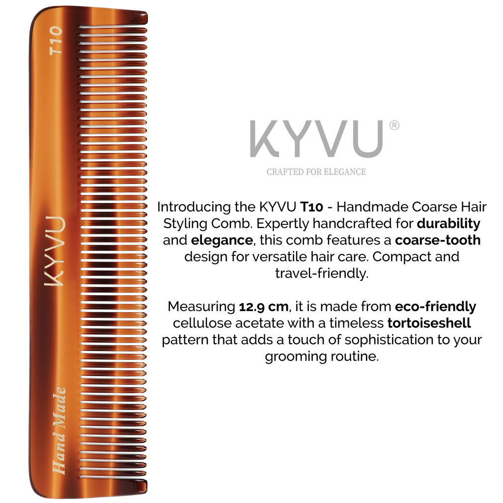 KYVU T10 tortoiseshell pocket comb size guide — 12.9 cm length, 3.1 cm width, 0.325 cm thickness