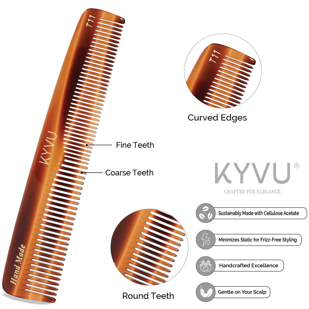 T11 tortoiseshell acetate comb showing fine teeth on one side and coarse teeth on the other, with rounded tips