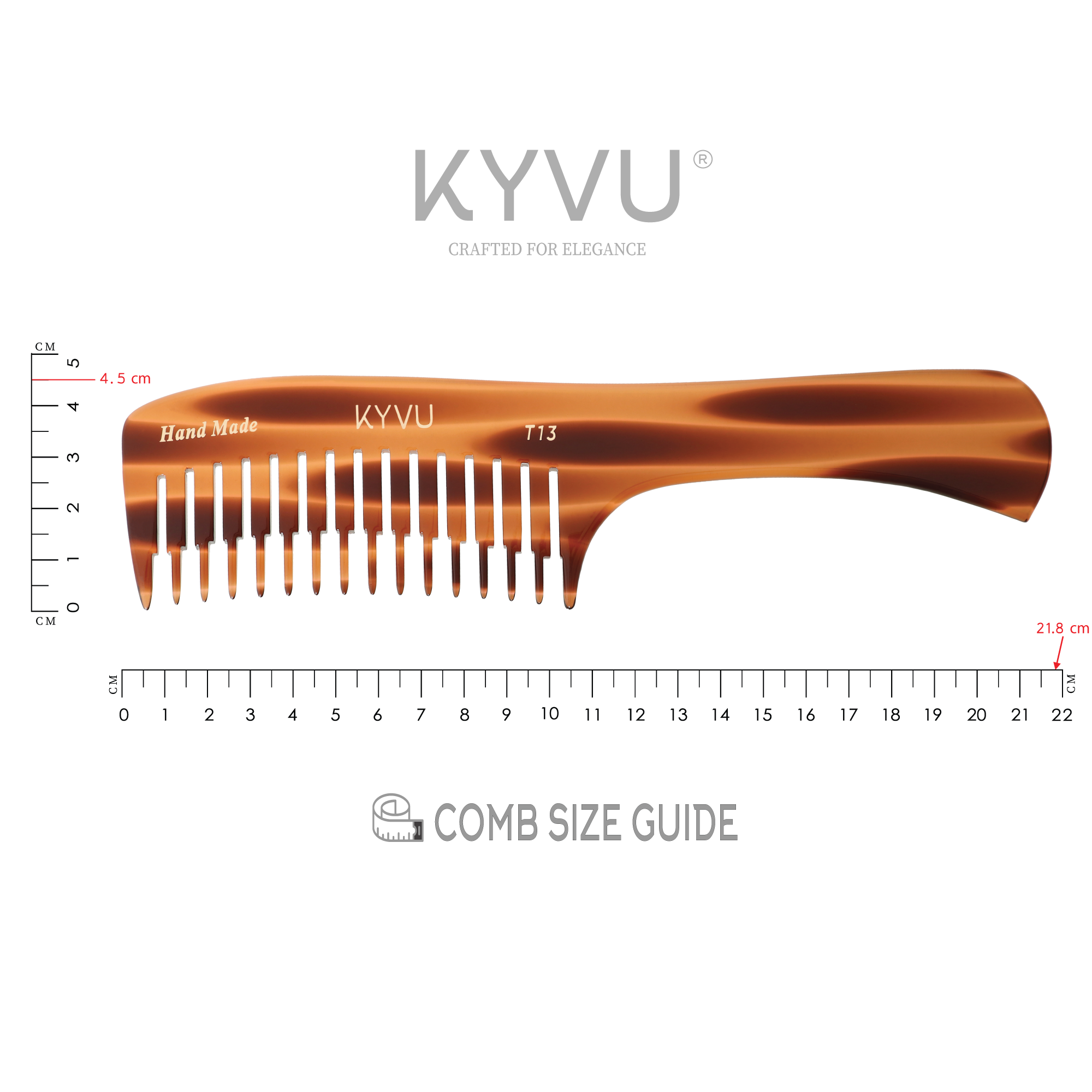 KYVU T13 step-tapered comb with handle size guide — 21.8cm length, 4.5cm width, largest comb in KYVU range for very thick hair