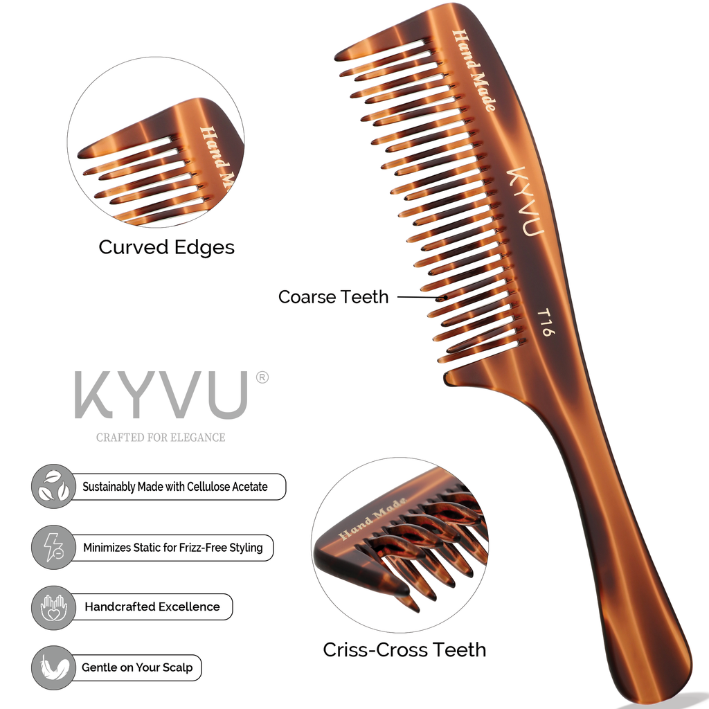 KYVU T16 detangling comb features — alternating criss-cross teeth detail, cellulose acetate material, handmade finish, ergonomic handle with closeup of tooth pattern and comb construction