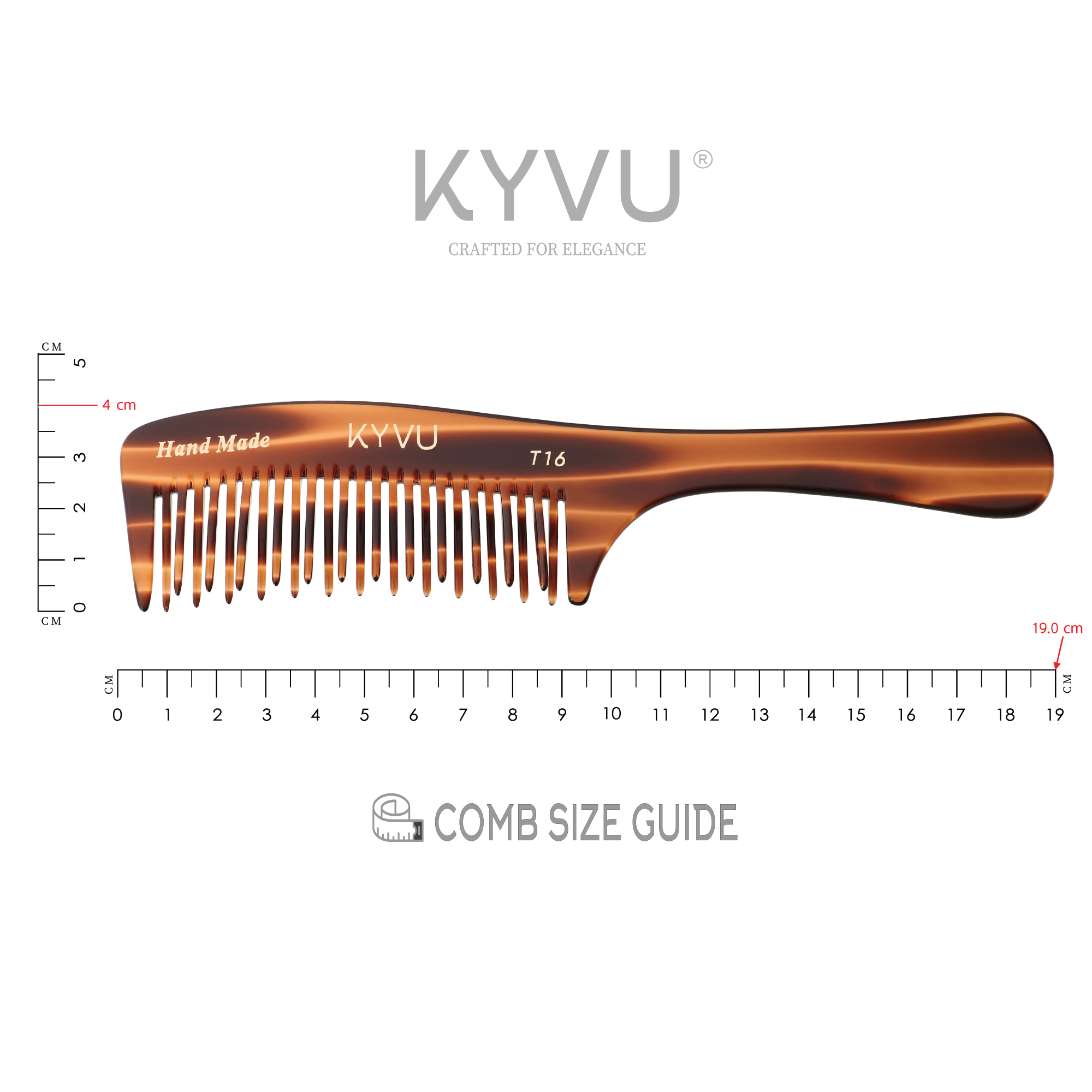 KYVU T16 detangling comb with handle size guide — 19cm length ergonomic handle design for thick curly textured hair