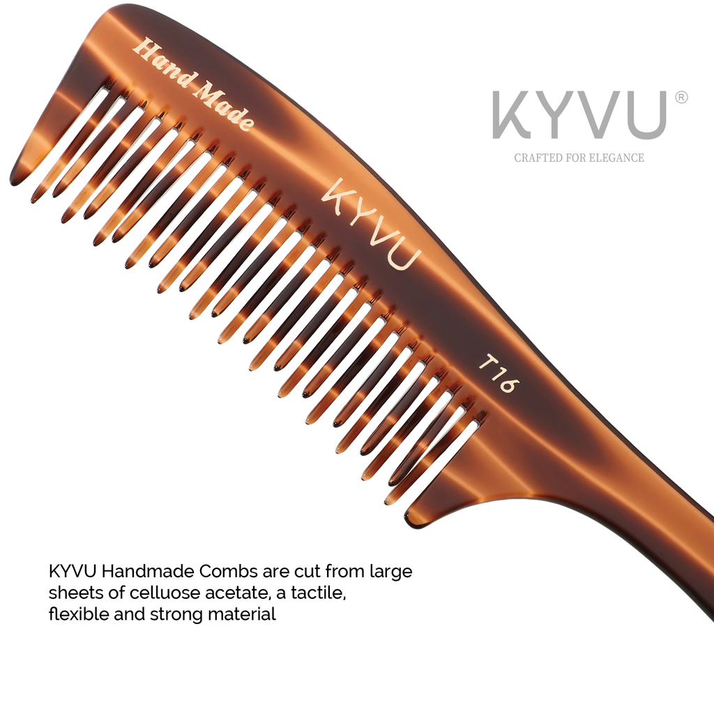 KYVU T16 comb specifications — 19cm length, 4cm width, 0.37cm thickness, 19g weight, cellulose acetate tortoiseshell finish