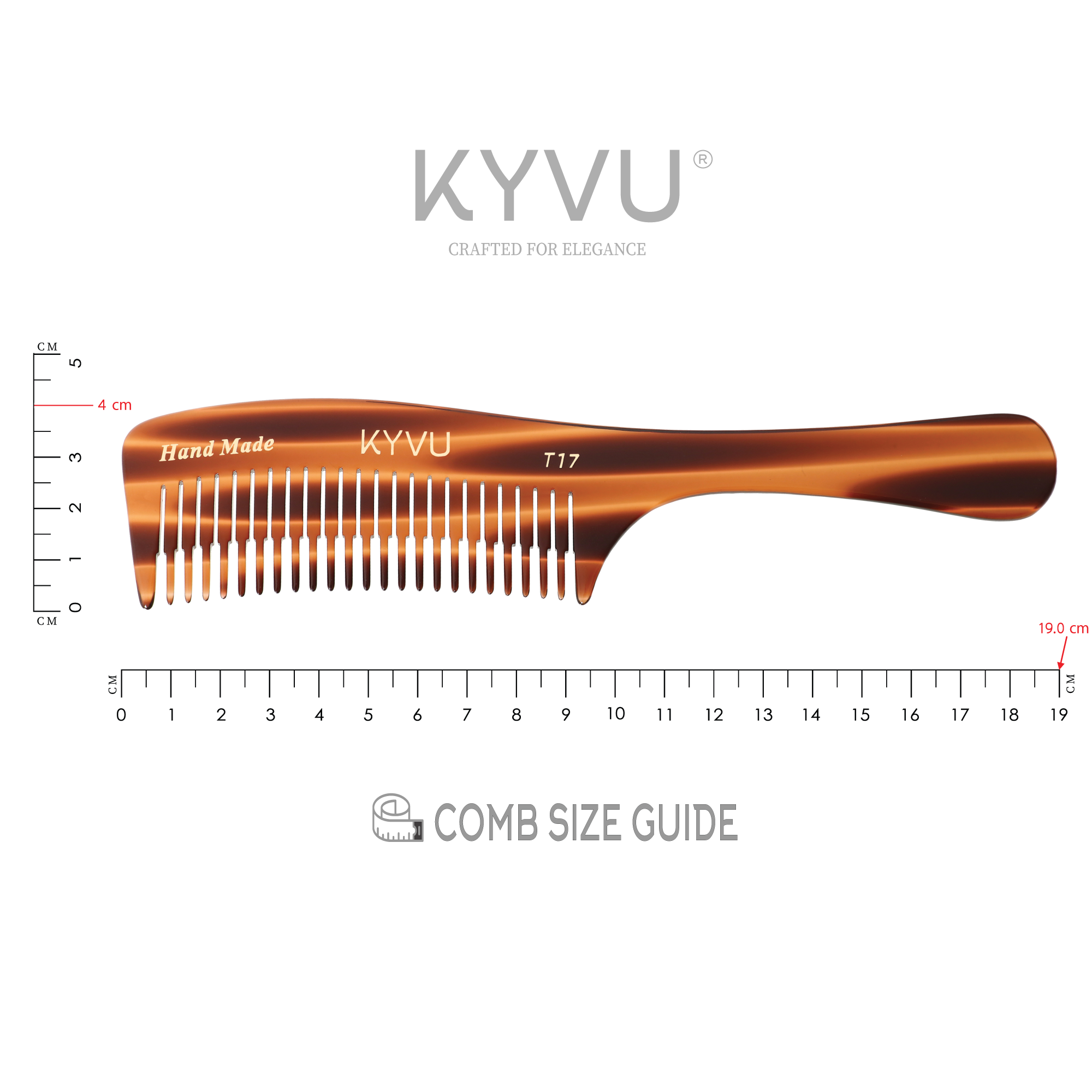 KYVU T17 step-tapered comb with handle size guide — 19cm length, 4cm width, wide-tooth design for thick curly textured hair
