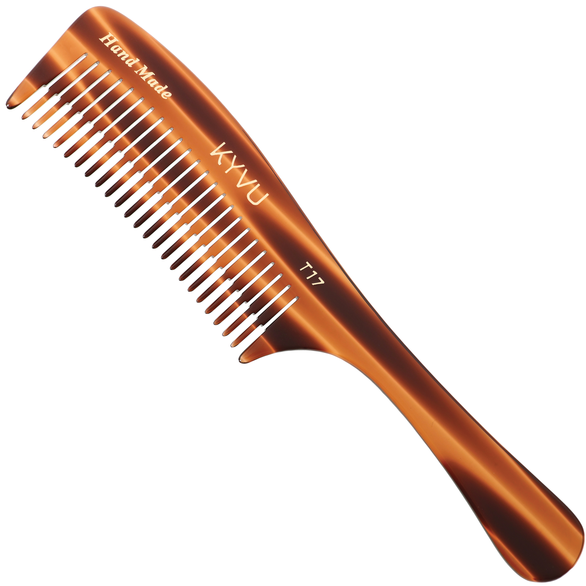 KYVU T17 handmade step-tapered comb with handle, wide tooth spacing for thick coarse curly hair, cellulose acetate tortoiseshell finish 19cm