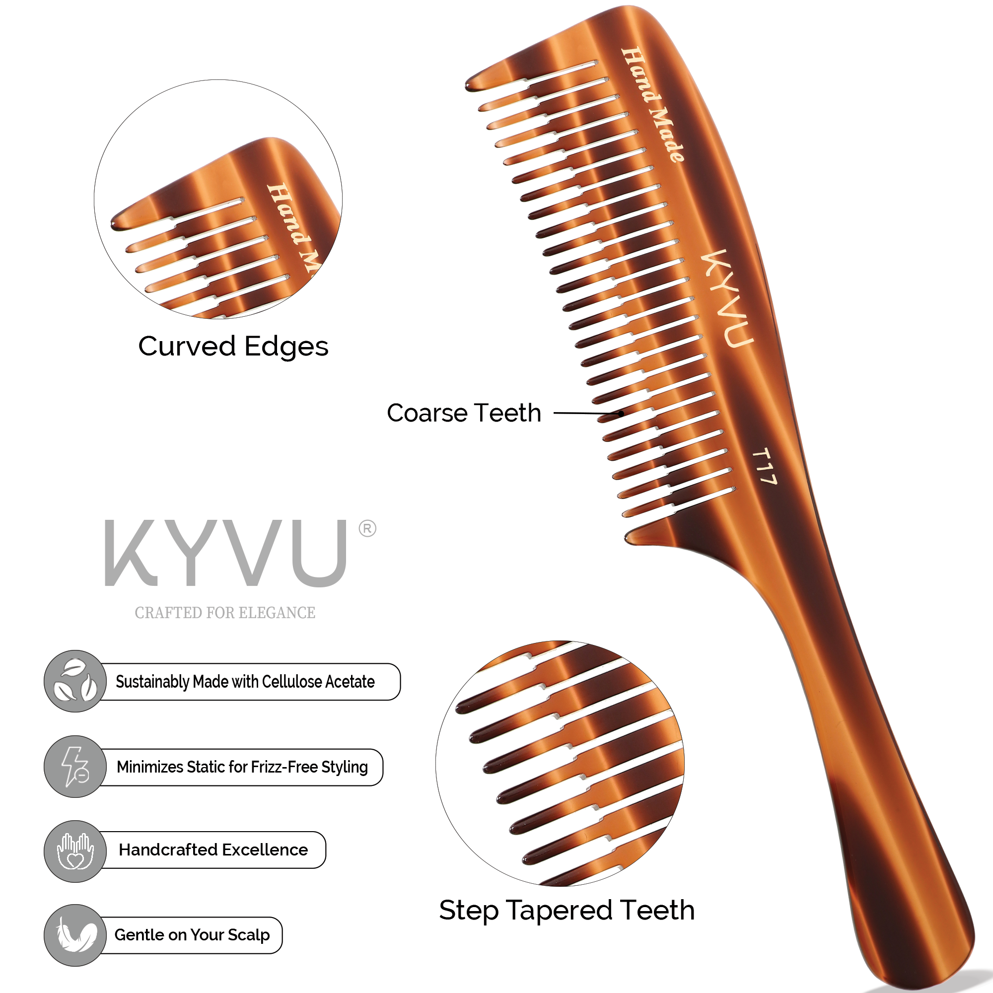 KYVU T17 step-tapered comb features — wide tooth spacing, curved C-shaped spine, step-tapered tooth geometry, ergonomic handle for thick hair control