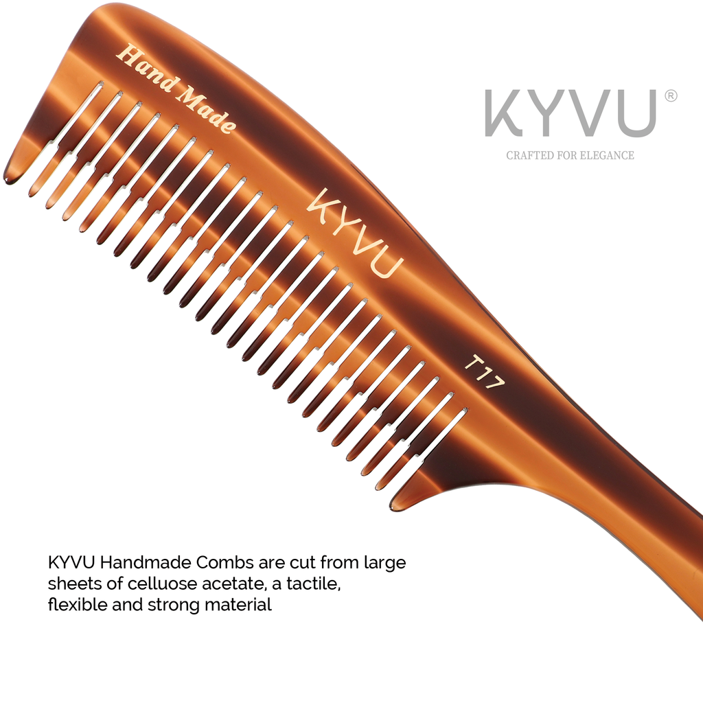 KYVU T17 comb specifications — 19cm length, 4cm width, 0.37cm thickness, 21g weight, 23 step-tapered teeth, cellulose acetate tortoiseshell