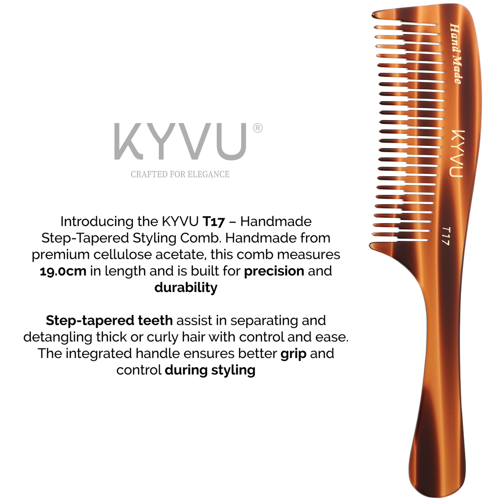 KYVU T13 handmade step-tapered wide styling comb 21.8cm — step-tapered teeth for detangling thick curly hair, integrated handle for grip and control, cellulose acetate tortoiseshell