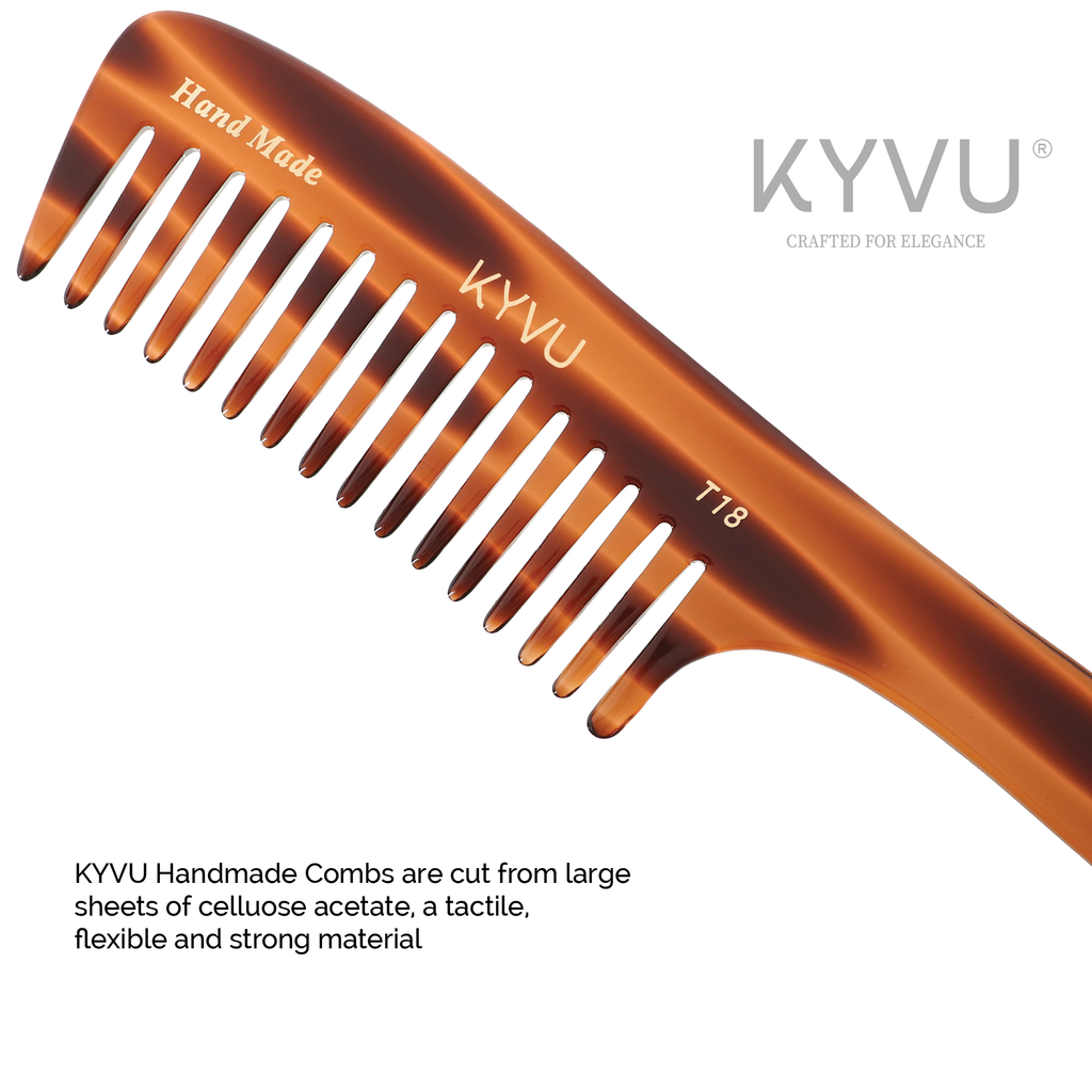 KYVU T18 cellulose acetate close-up showing warm mottled tortoiseshell pattern and glass-smooth finish