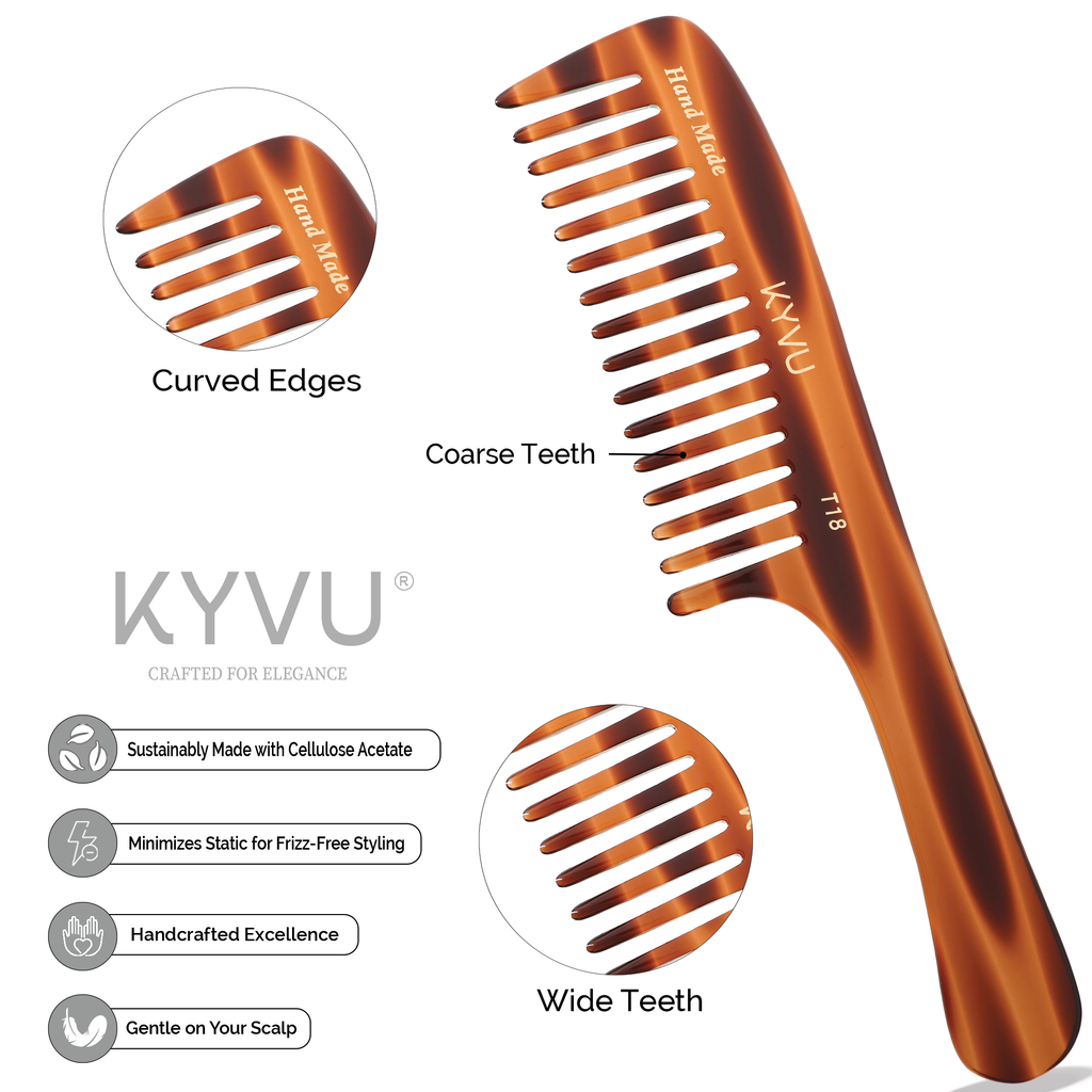 T18 acetate comb showing 14 extra-wide-spaced teeth with hand-rounded tips