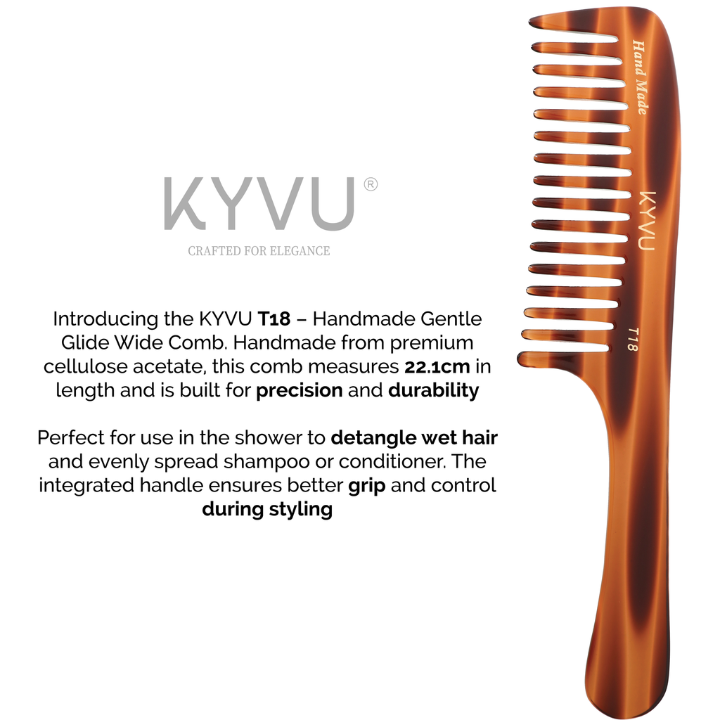  KYVU T18 extra wide-tooth comb size guide — 22.1 cm length, 4.5 cm width, 0.45 cm thickness