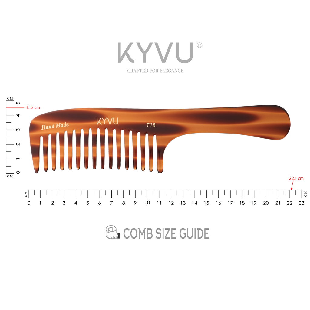 KYVU T18 tortoiseshell extra wide-tooth comb with handle specifications — 22.1 cm, 33 g, cellulose acetate, 14 wide teeth