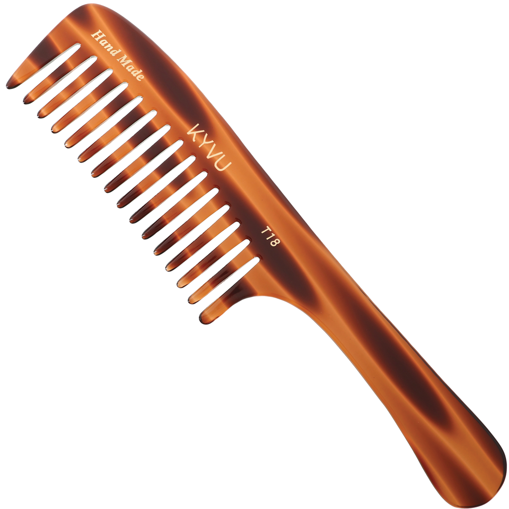 KYVU T18 handmade tortoiseshell extra wide-tooth comb with handle in cellulose acetate, for very thick and coily hair
