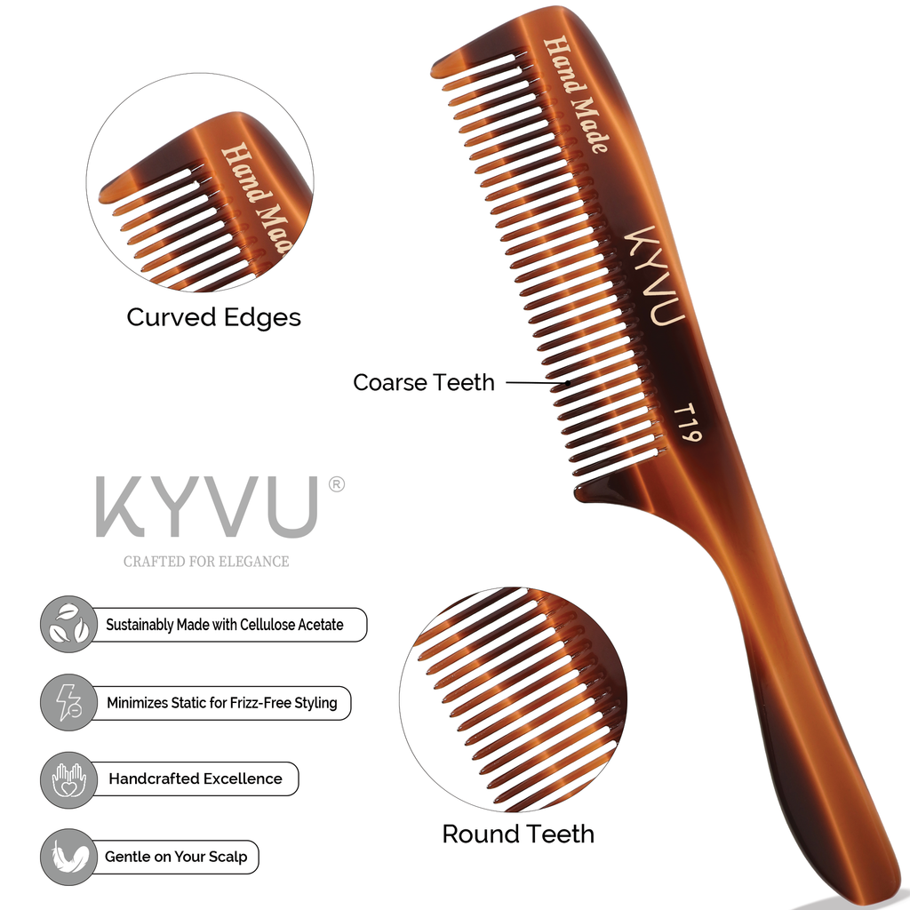 T19 acetate rake comb showing 29 medium-spaced teeth in a dense head with rounded tips